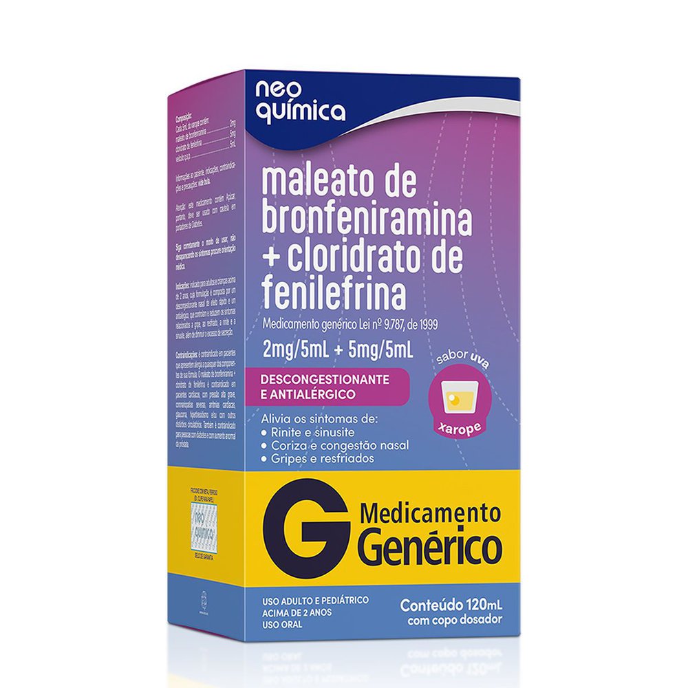 Maleato de Bronfeniramina 2mg/5ml + Cloridrato de Fenilefrina 5mg/5ml Sabor Uva Xarope 120ml Genérico Neo Química