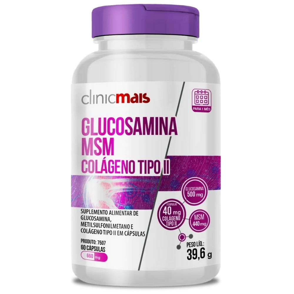 Glucosamina com MSM e Colágeno Tipo 2 - 60 Cápsulas - Clinicmais