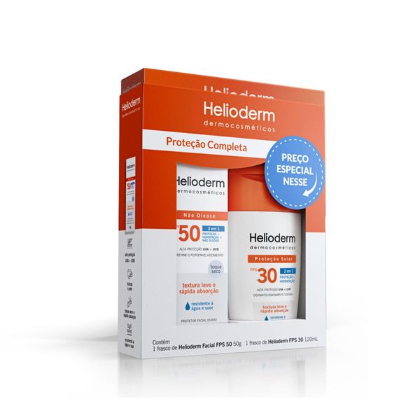 Kit Proteção Completa Protetor Solar Helioderm Facial 2 em 1 FPS50 50g 1 Unidade + Protetor Solar Helioderm 2 em 1 Corporal FPS30 120ml 1 Unidade