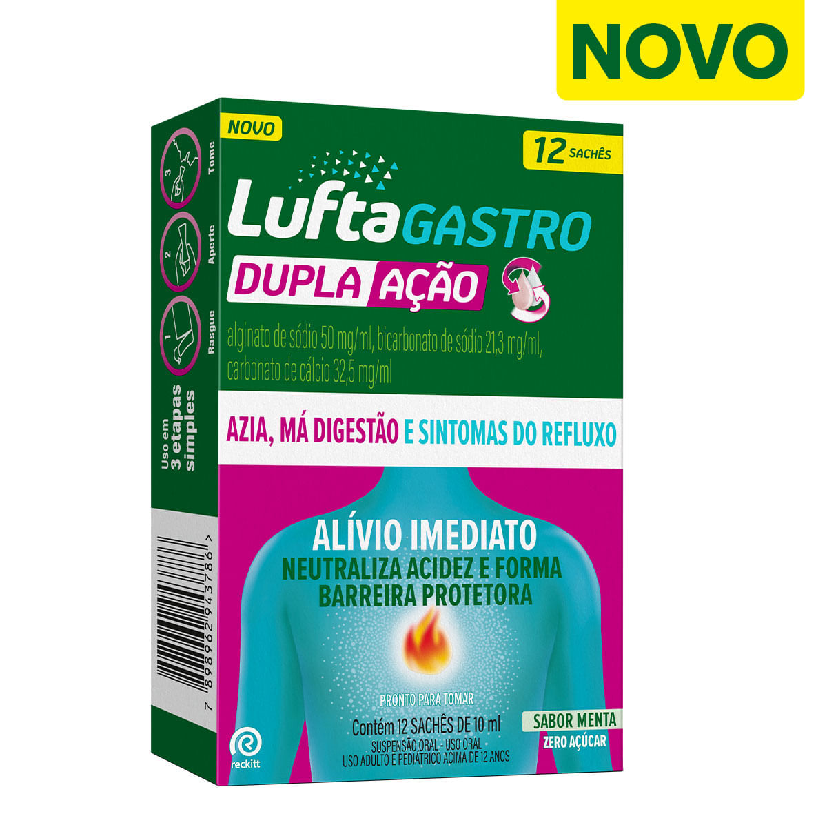Luftagastro Dupla Ação 50mg/Ml Menta Zero Açúcar 12 Sachês 10ml Cada