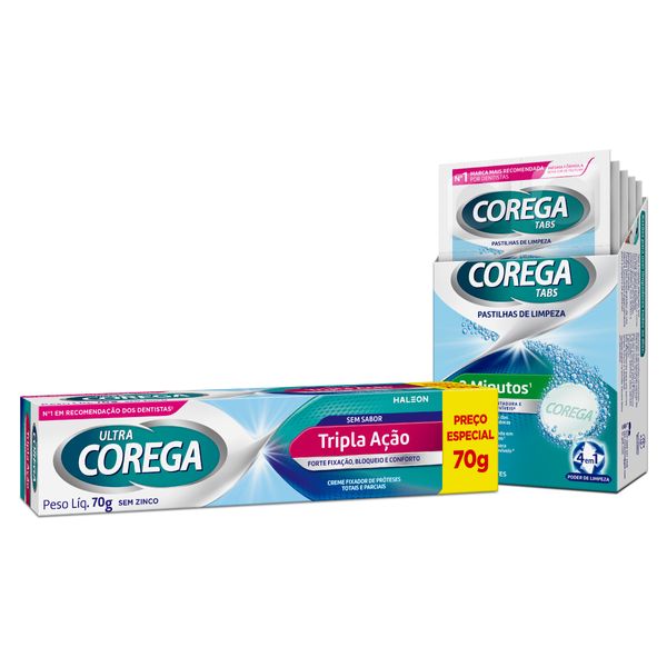 Kit Corega Fixador de Prótese Ultra Corega 70g + Pastilha de Limpeza Corega Tabs 6 Unidades Kit Sensodyne Fixador de Prótese Ultra Corega 70g + Pastilha de Limpeza Corega Tabs 6 Unidades