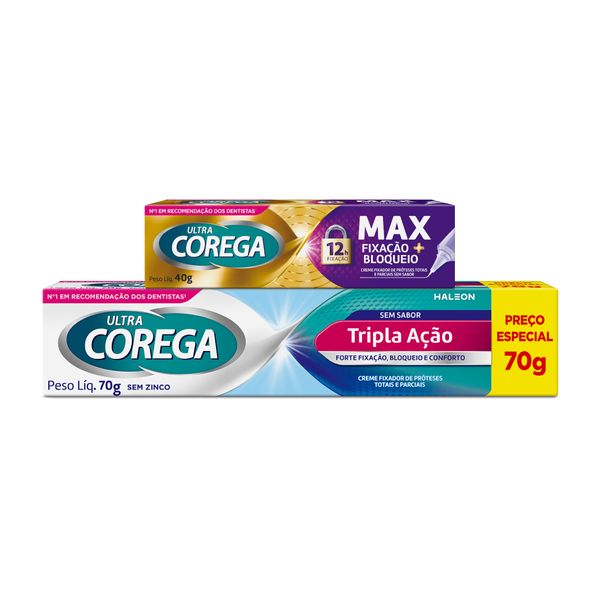 Kit Corega Fixador de Prótese Ultra Max Fixação 40g + Fixador de Prótese Ultra Tripla Ação 70g