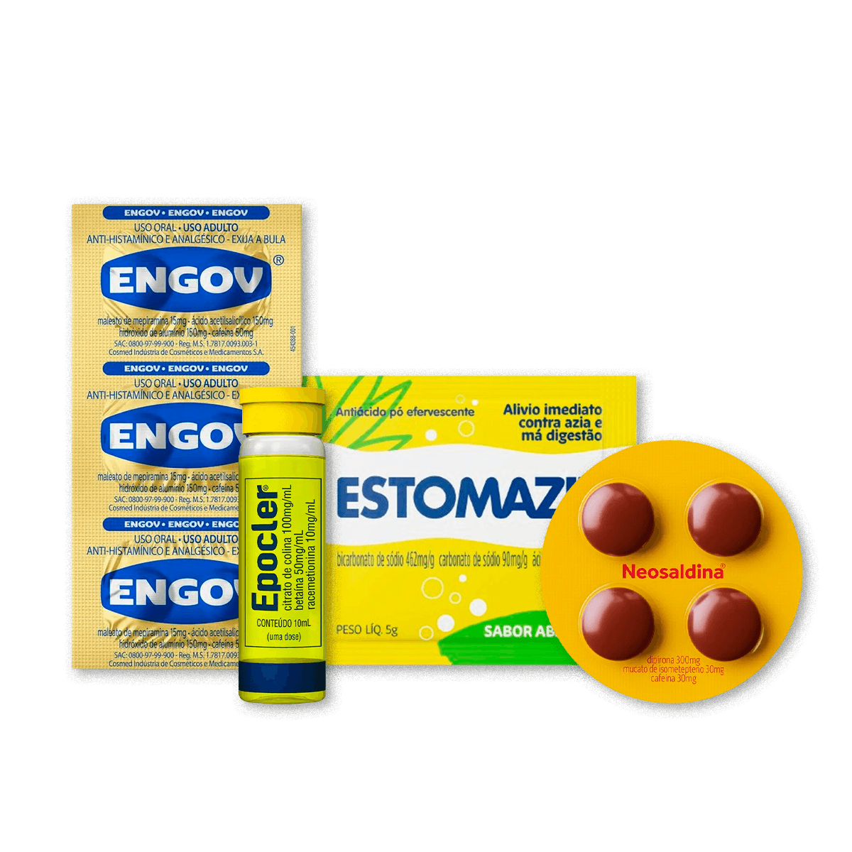 Kit Festa Epocler Abacaxi 10ml 1 uni + Neosaldina 300mg 4 Drágeas + Engov 6 Comprimidos + Estomazil 5g Abacaxi 1 Envelope