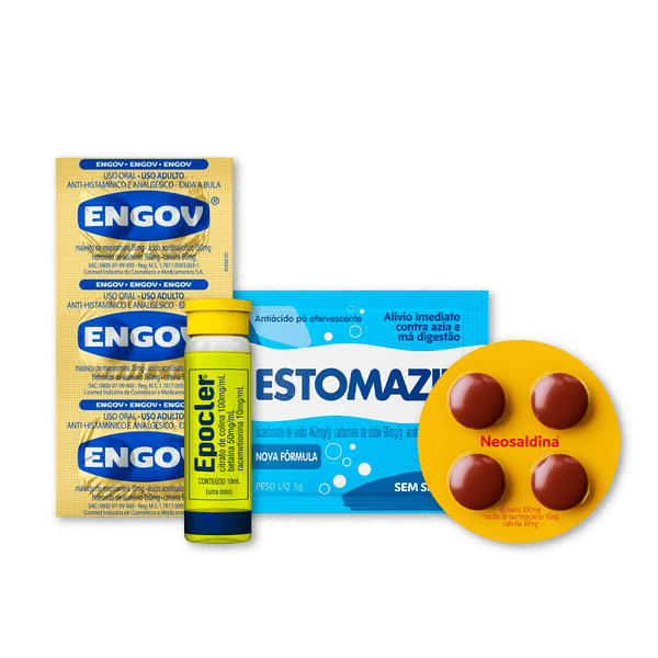 Kit Festa Epocler Abacaxi 10ml 1 uni + Neosaldina 300mg 4 Drágeas + Engov 6 Comprimidos + Estomazil 5g Sem Sabor 1 Envelope