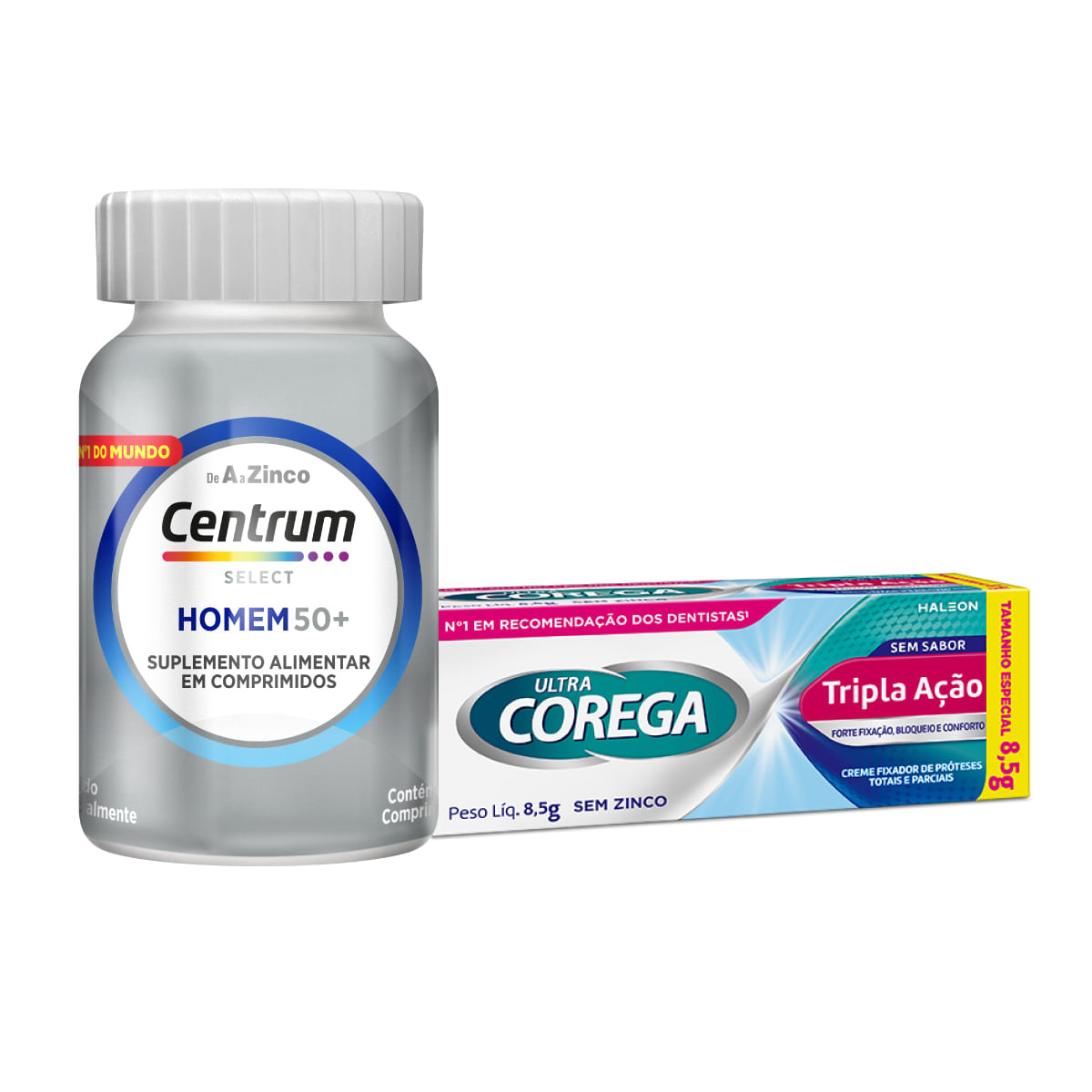 Kit Centrum Select Homem 50+ 60 Comprimidos + Corega Fixador de Prótese Ultra Tripla Ação Sem Sabor Creme 8,5g