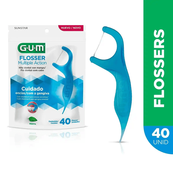 Fio Dental com Haste GUM Flosser Multipla Ação Cuidado Sabor Menta 40 Unidades