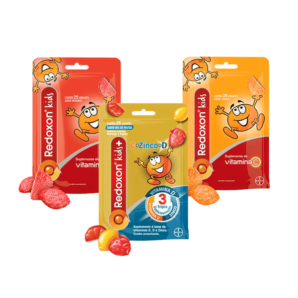 Kit Redoxon Kids Sabor Laranja 25 Gomas + Redoxitos Sabor Morango 25 Gomas + Redoxitos+ Vitaminas C, D e Zinco Sabor Mix de Frutas 25 Gomas