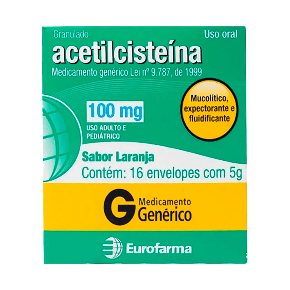 Acetilcisteína 100mg Sabor Laranja Granulado 16 Envelopes Genérico Eurofarma