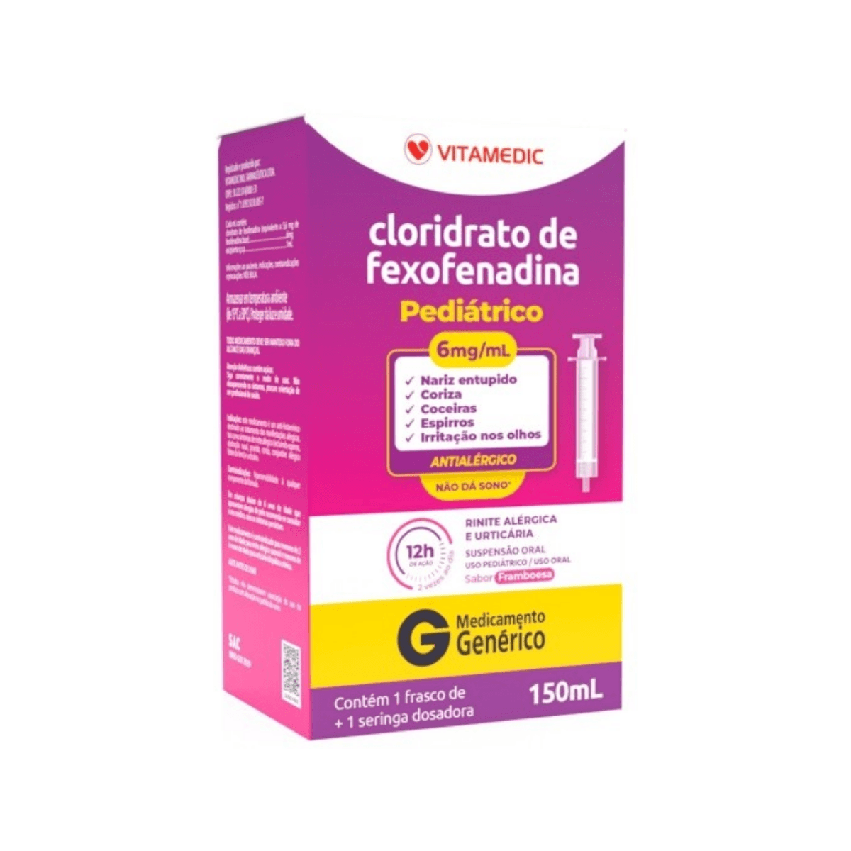 Cloridrato de Fexofenadina 6mg/ml Sabor Framboesa Suspensão Oral 150ml + Seringa Dosadora Genérico Vitamedic