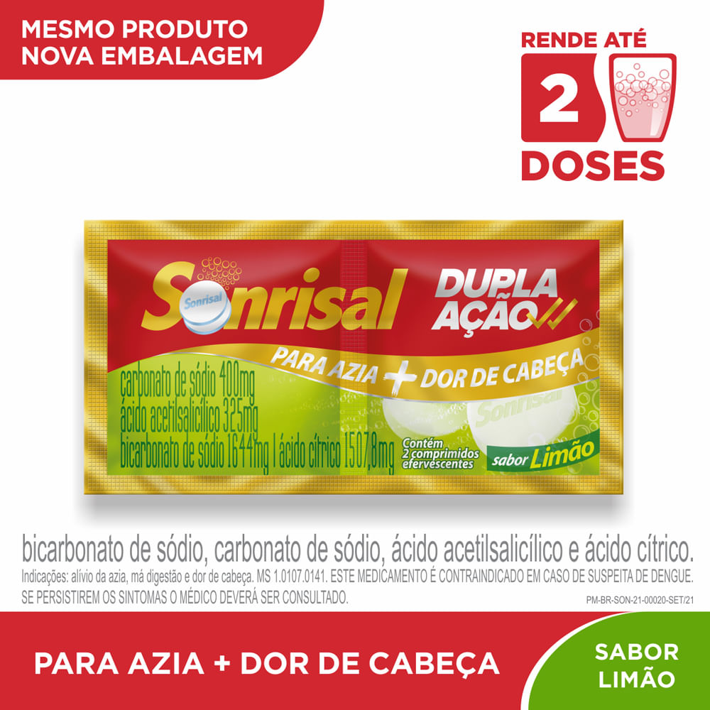 Sonrisal Limão Dupla Ação Antiácido e Analgésico para Alívio da Azia e Dor de Cabeça com 2 pastilhas