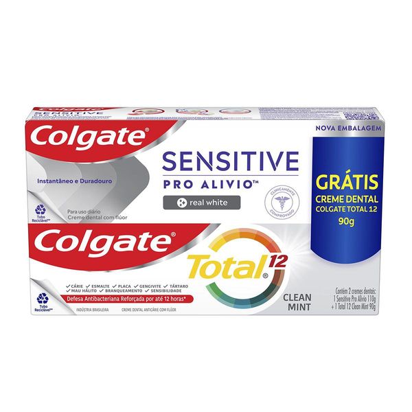 Kit Creme Dental Colgate Sensitive Real White Pro Alívio 110g 1 Unidade + Creme Dental Colgate Total Sabor Clean Mint 90g 1 Unidade