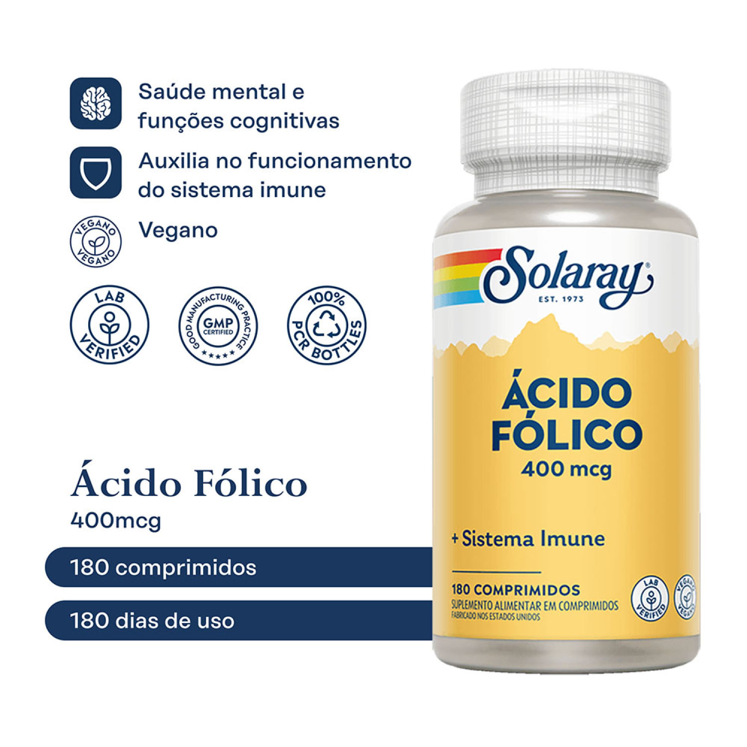 Ácido Fólico 400mcg Com 180 Comprimidos Solaray