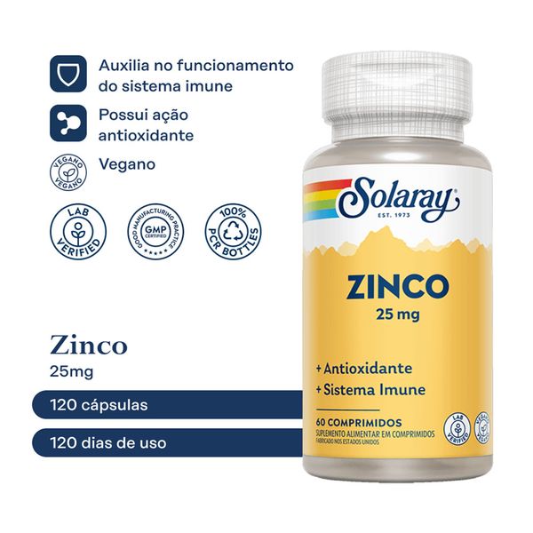 Zinco 25mg (Picolinato De Zinco) Com 60 Compridos Solaray