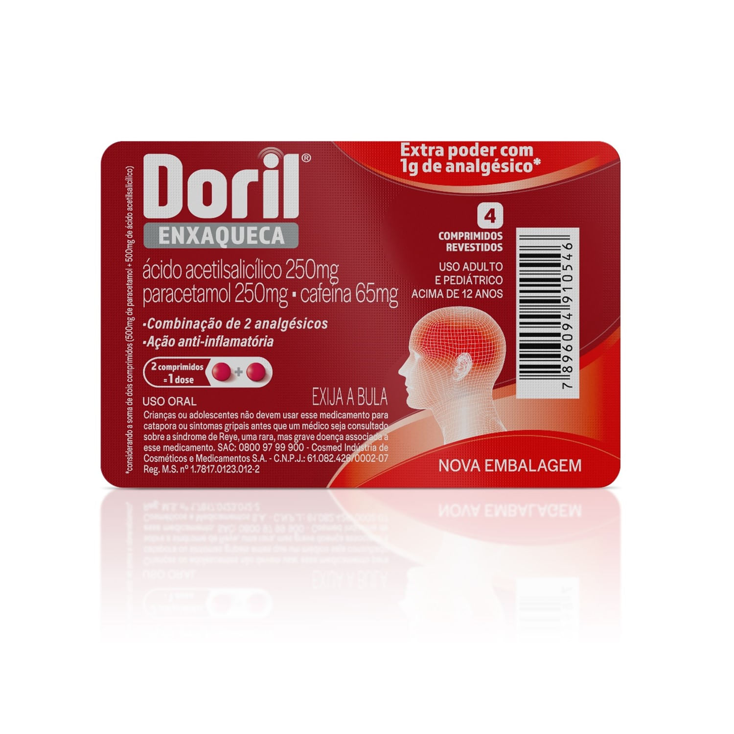 Analgésico Doril Enxaqueca 250mg + 250mg + 65mg 4 Comprimidos Revestidos