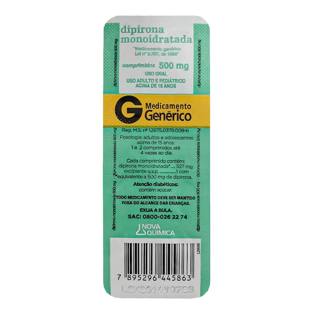Dipirona 500mg 10 Comprimidos Genérico Nova Química